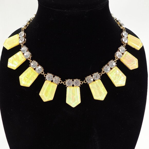 Vintage Yellow Opalescent Geometric Bib Necklace With Clear Crystal Accents - Picture 1 of 7
